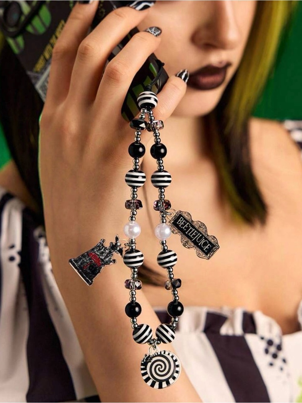 Beetlejuice-Inspired Black & White Charm keychain or card holder
